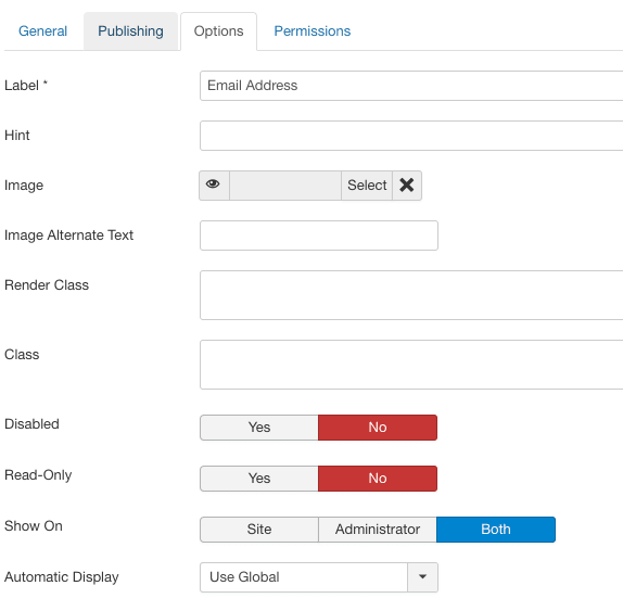 опции полей Joomla