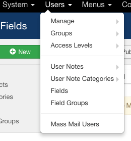 Меню полей для пользователей Joomla