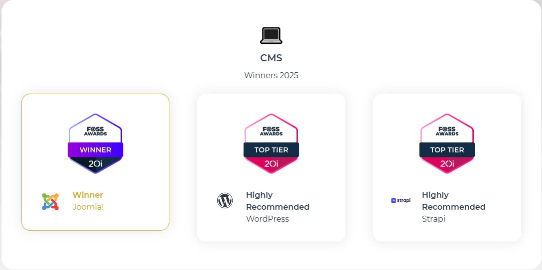 Joomla признана лучшей CMS 2025 в конкурсе 20i FOSS Awards Joomla признана лучшей CMS 2025 в конкурсе 20i FOSS Awards